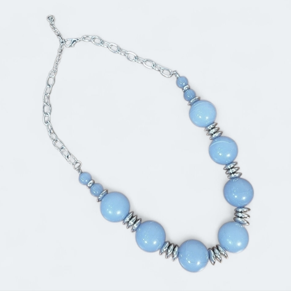 Blue Beaded Necklace With Silver Tone Accents Statement Jewelry